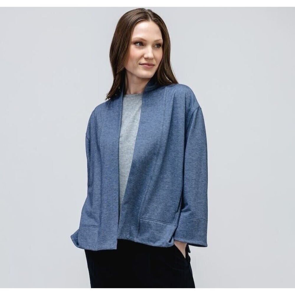 NWT Ministry Of Supply Women's Fusion Terry Cardigan Size M Pockets Blue Heather